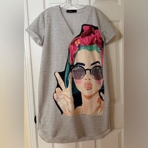 Quacker Factory Graphic Print Gray Midi Dress